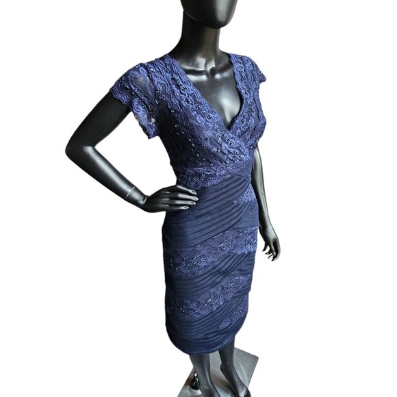 Navy Lace Tiered V-Neck Cap Sleeve Cocktail Dress - NWT - Marina - Picture 4 of 11